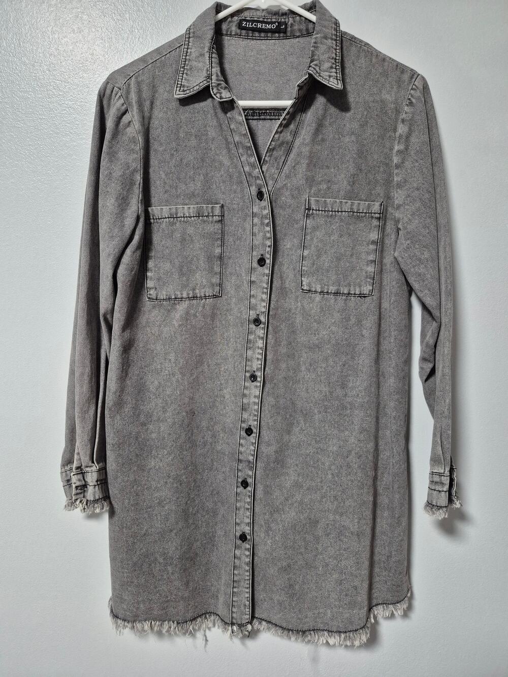 Zilcremo Denim Shirt Dress Women's Large Gray Long-sleeved Button-Up Raw Hemline